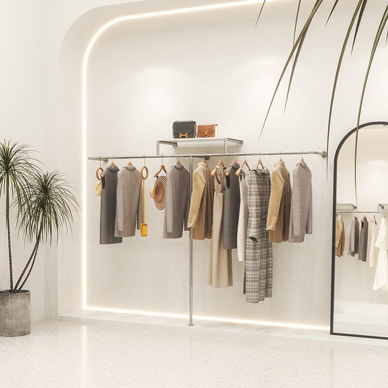 服装店展示架女装店上墙挂衣杆不锈钢带板货架直播间挂衣架陈列架