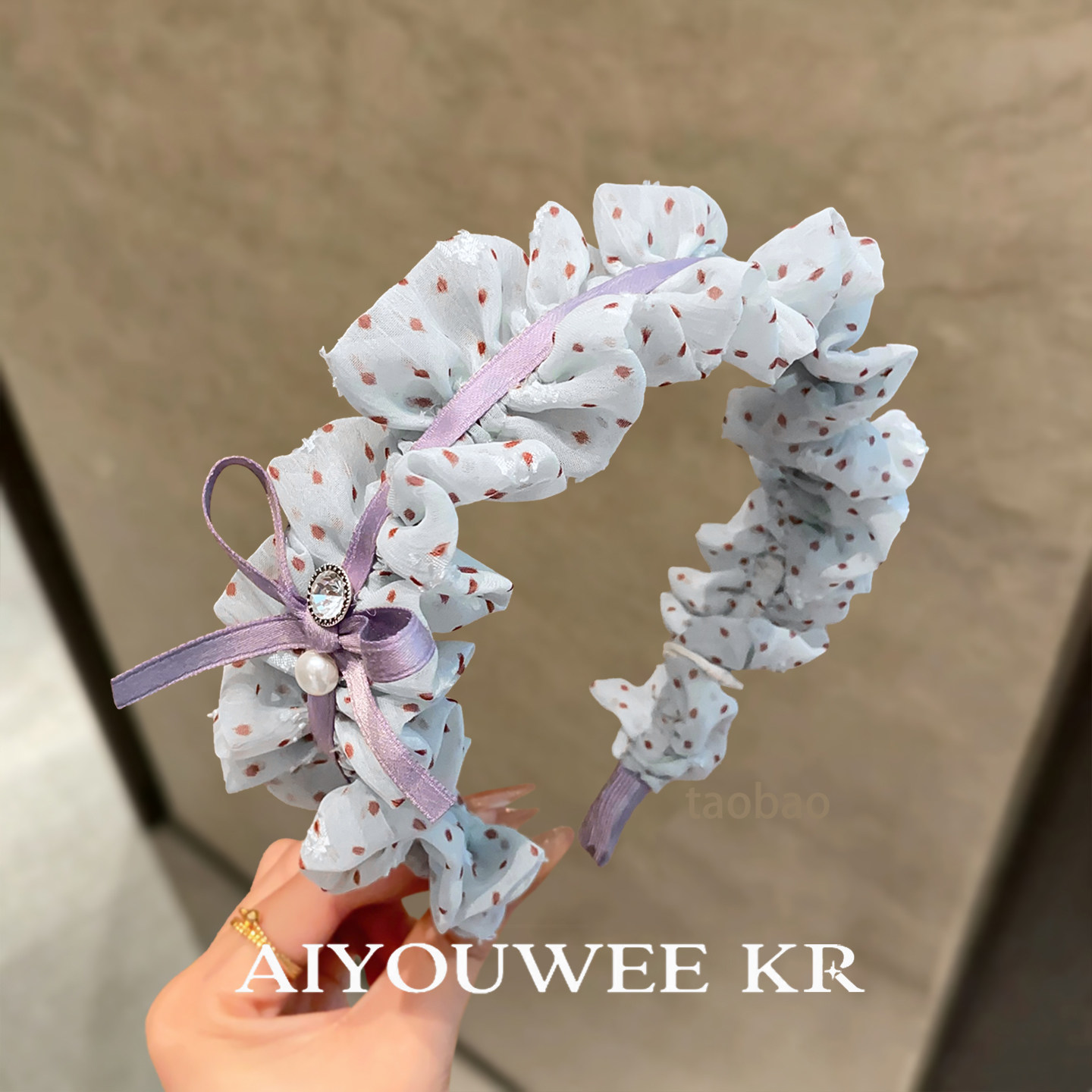 韩系温柔浅蓝波点蝴蝶结镶钻珍珠发箍高颅顶防滑压发头饰女