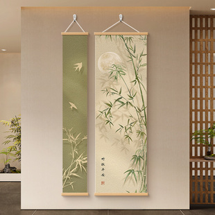 竹子挂画玄关壁画入户正对门新中式茶室书房装饰画竹报平安组合画