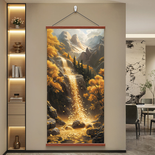流水生财客厅进门玄关装饰画风景书房办公室日照金山旺财招财挂画