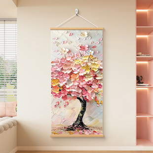 发财树玄关装饰画奶油风大芬村油画走廊过道尽头壁画彩绘花卉挂画