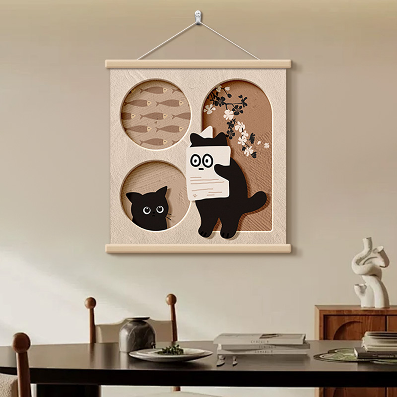 中古风喵咪免打孔电表箱装饰画2025新款配电箱遮挡挂轴挂画卷轴画