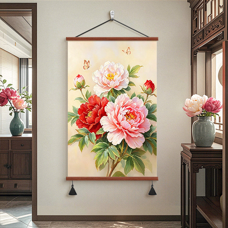 花开富贵牡丹花卉客厅装饰画中式入户走拉个过道玄关挂画茶室国画
