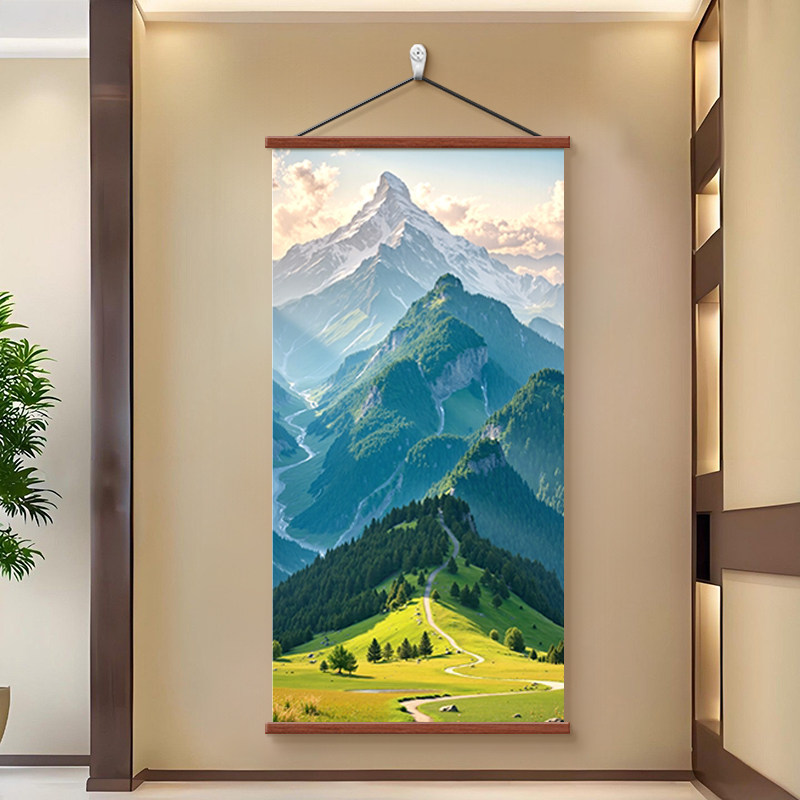 龙脉靠山图风景画有山无水玄关山水画聚宝盆装饰画寓意好布艺挂画