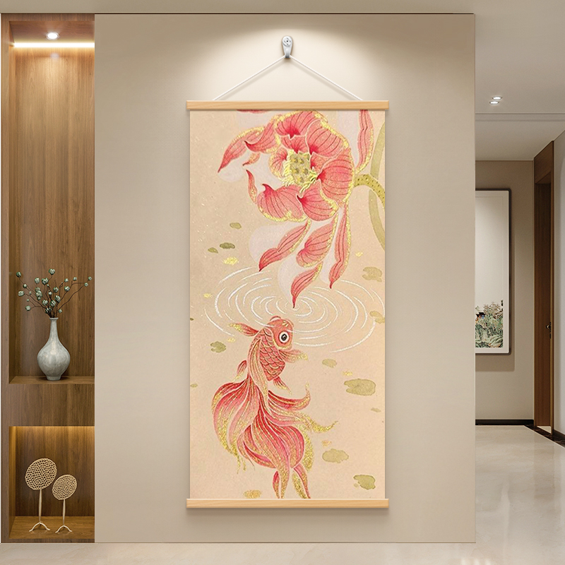 新中式荷花金鱼入户玄关装饰画客厅走廊过道寓意挂画书房茶室壁画图片