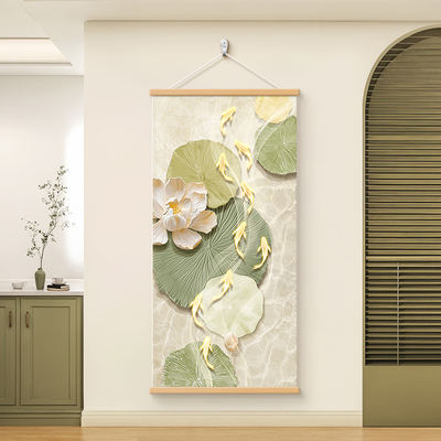 九鱼图荷花轻奢玄关装饰画免打孔