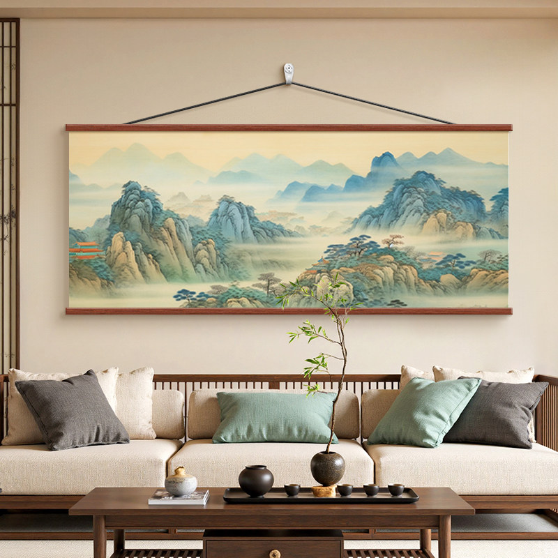 千里江山图客厅挂画背有靠山壁画