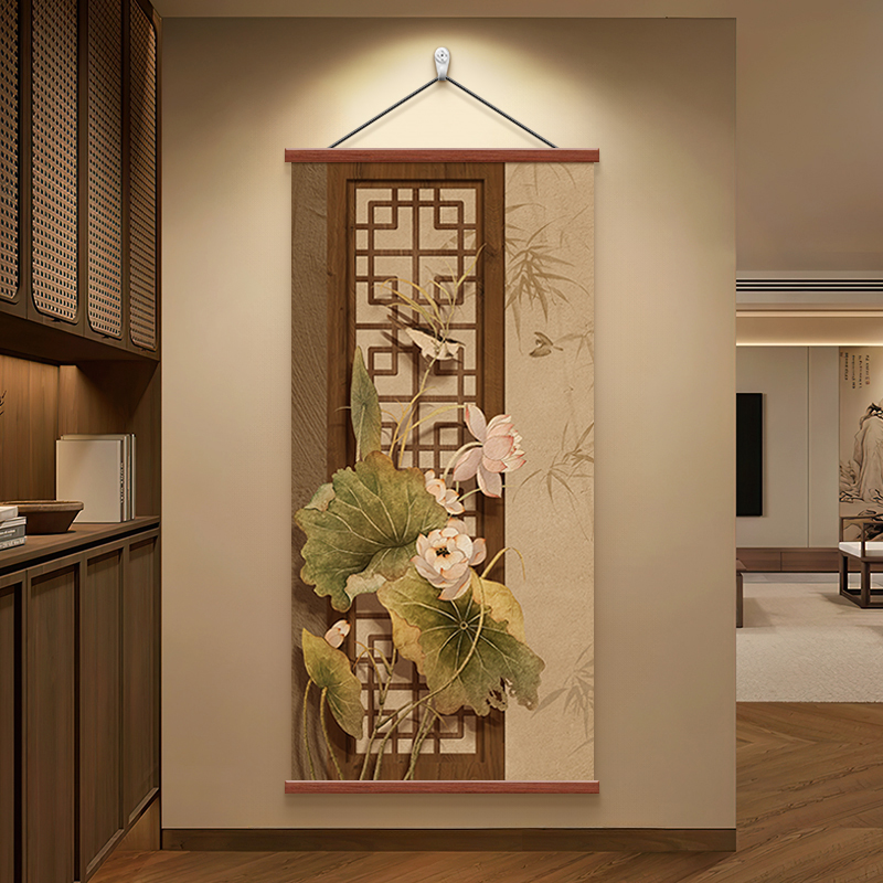 宋代美学玄关装饰画荷花高级感走廊过道挂画茶室入户正对门墙壁画图片