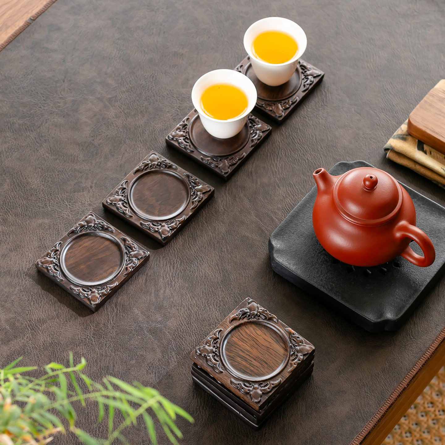 黑檀实木杯托方形梅花四福创意日式中式风格防滑隔热耐用家用办公