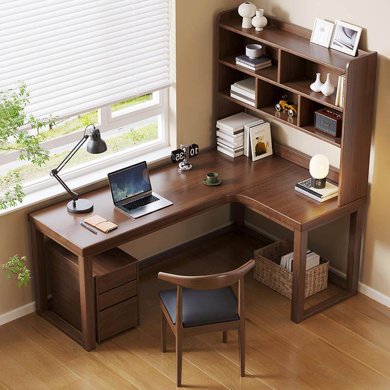 实木转角书桌书架一体家用卧室拐角办公电脑桌L型靠窗长条写字桌