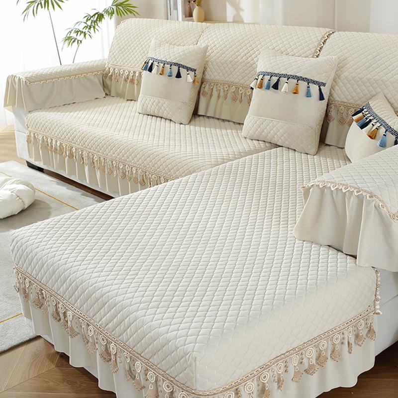 纯色水晶绒沙发垫米白色四季通用欧式裙摆防滑垫套罩贵妃全包定做