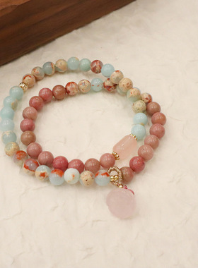 甜美小清新寿山石手串女简约设计感天然粉晶莲蓬葫芦草莓晶手链