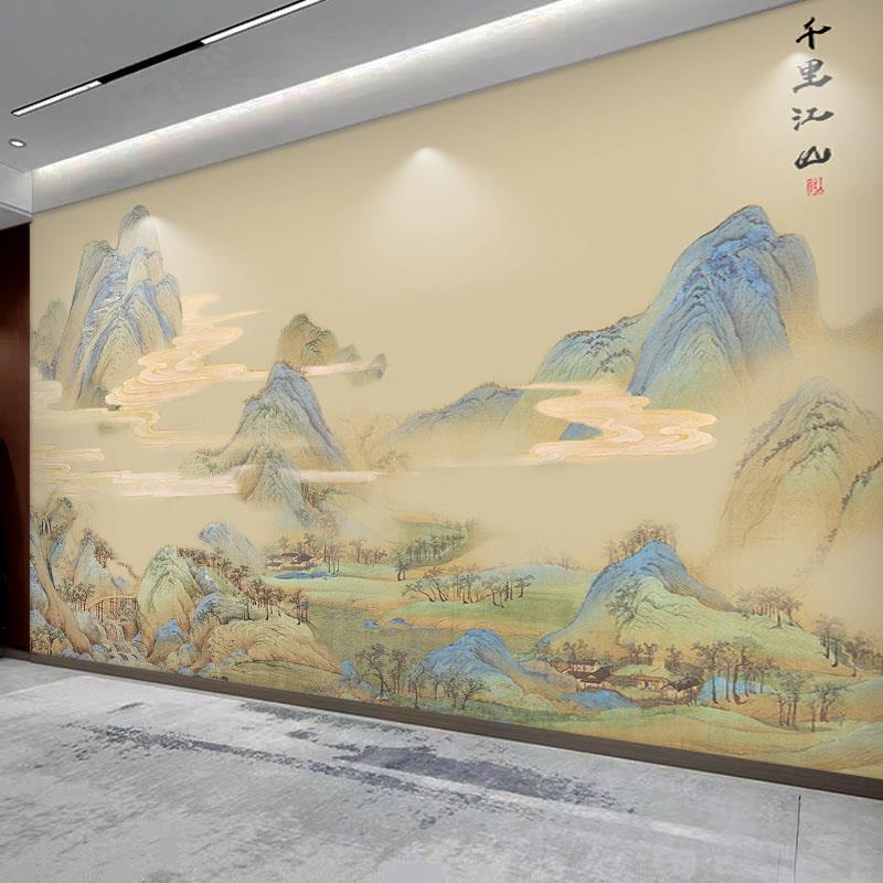 中式复古国画千里江山图电视背景墙纸自粘沙发3d立体壁贴茶室墙布