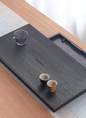 天然乌金石茶盘托盘抽屉式带储接水盘蓄水排水双用沥水石头茶台家