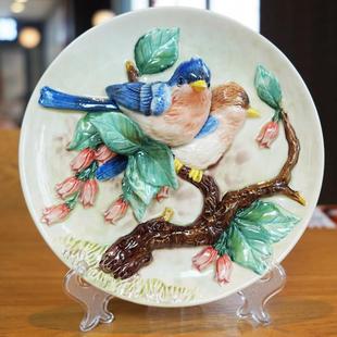 新中式墙面装饰挂盘陶瓷8寸看盘家居酒柜摆件手绘瓷花鸟比翼双飞