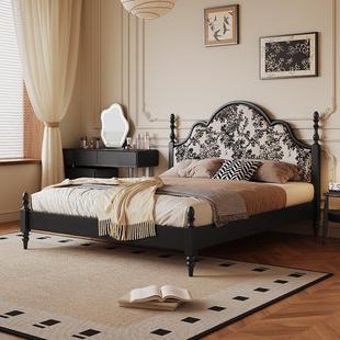復古輕奢現代簡約布藝雙人大床 櫸木實木床1米5黑色家用臥室法式