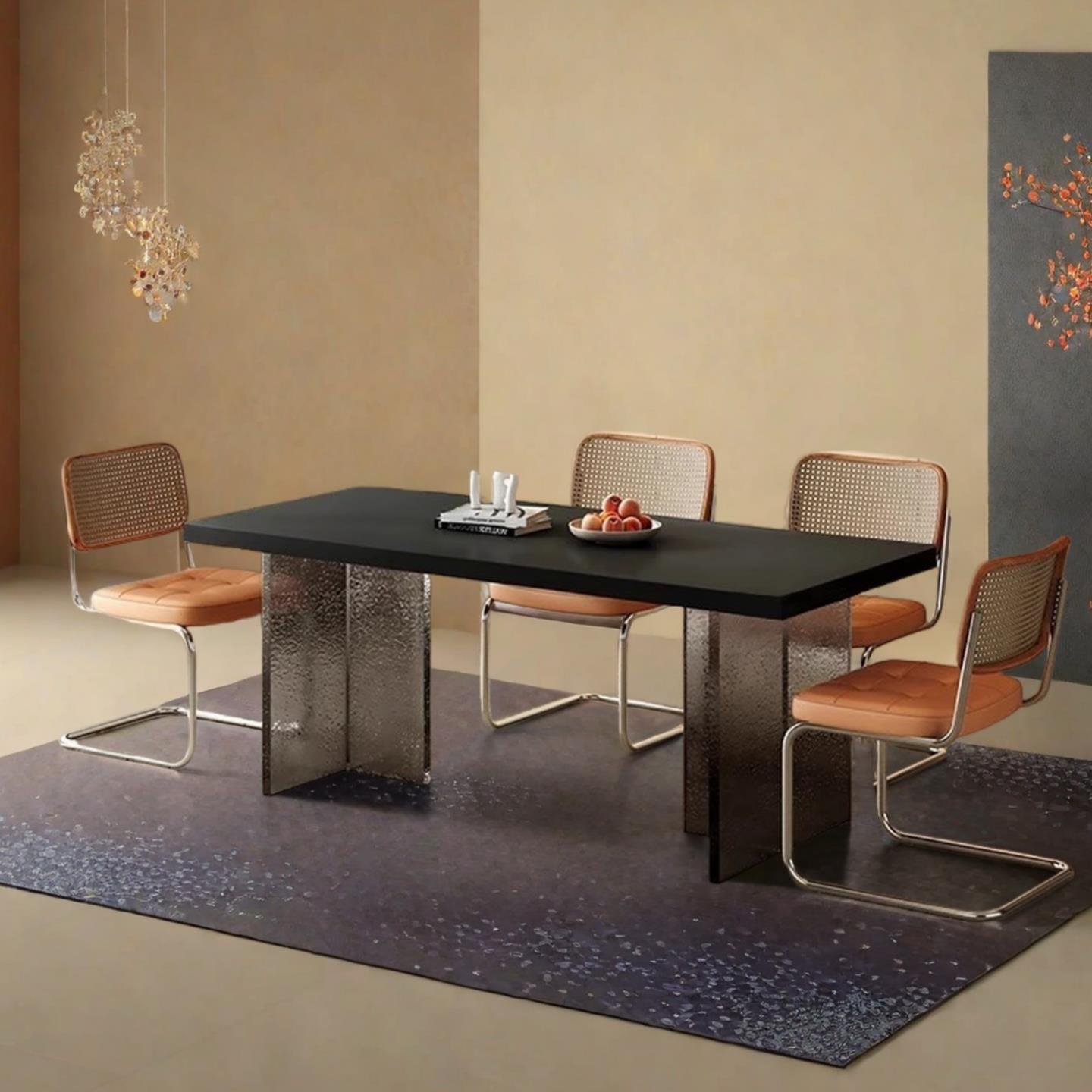 黑色亚克力岩板餐桌纯黑轻奢现代简约小户型下挂长方形悬浮餐桌椅