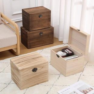 家用复古做旧实木质桌面收纳杂物大小箱子带锁收纳盒储物箱整理箱