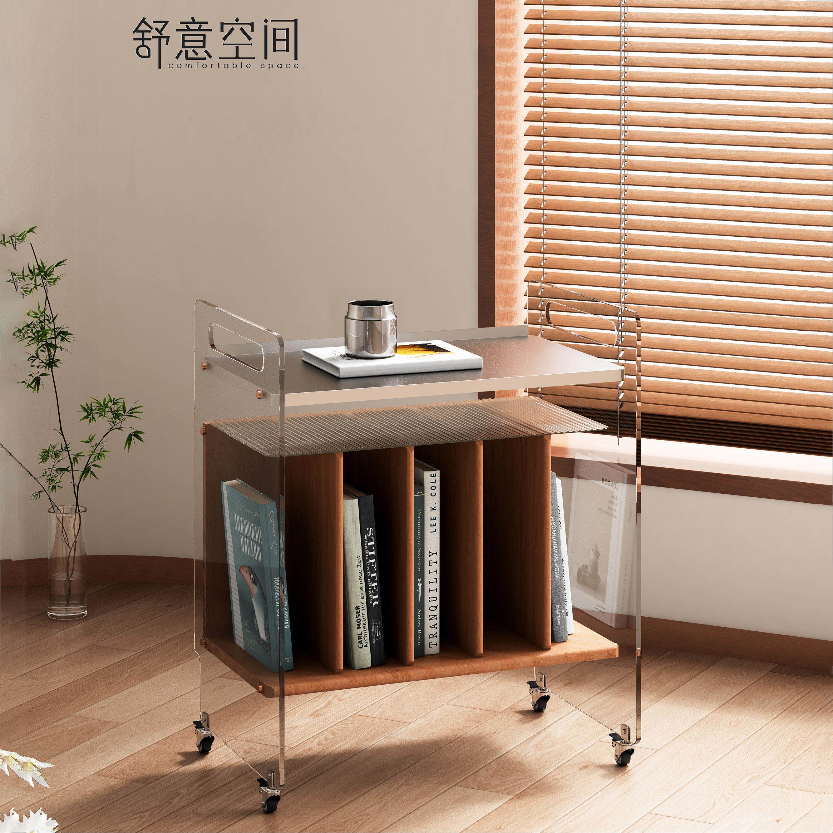 亚力克黑胶唱片机柜实木边柜置物架家用移动杂志收纳柜唱片展示柜