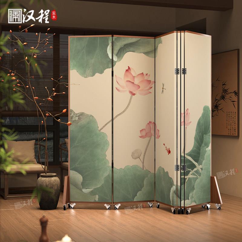 新中式实木屏风折叠可移动客厅荷花隔断进门入户遮挡推拉式带滑轮