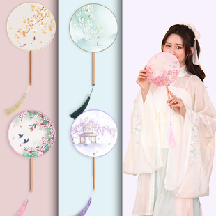扇子古风团扇半透长柄儿童夏古装汉服流苏舞蹈扇刺绣汉服古装圆扇