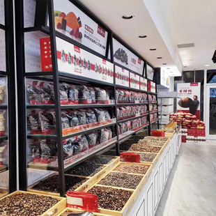 薛记网红炒货柜弧形果脯玻璃中岛柜散称坚果糖果零食展柜超市货架
