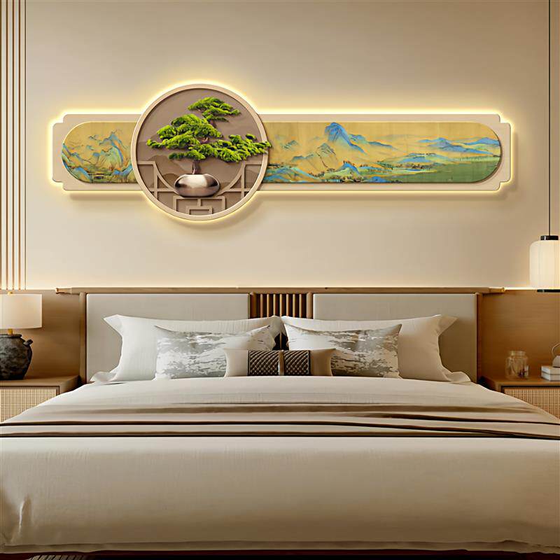 宋式美学卧室装饰画高级感主卧床头挂画LED氛围灯房间背景墙壁画