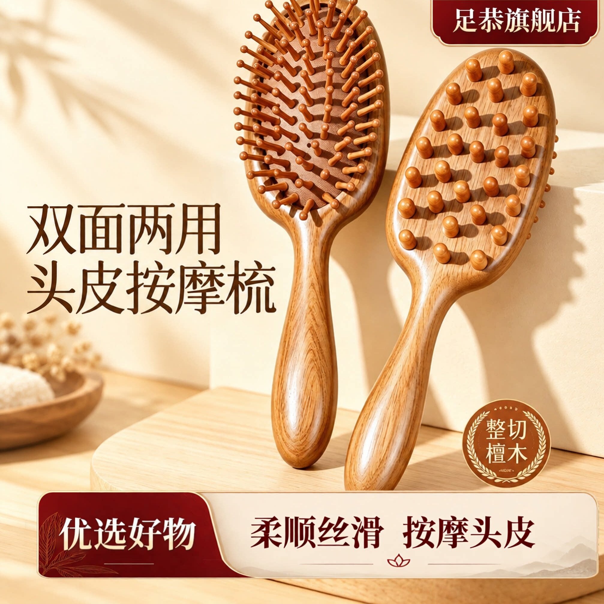 檀木气囊按摩梳头皮头部按摩器双面两用气垫梳子疏通经络按摩器