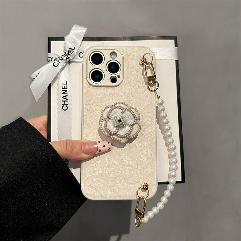 皮纹山茶花支架适用苹果17promax手机壳新款iPhone16pro珍珠手链15pro全包防摔13高级感16plus女款12轻奢14潮