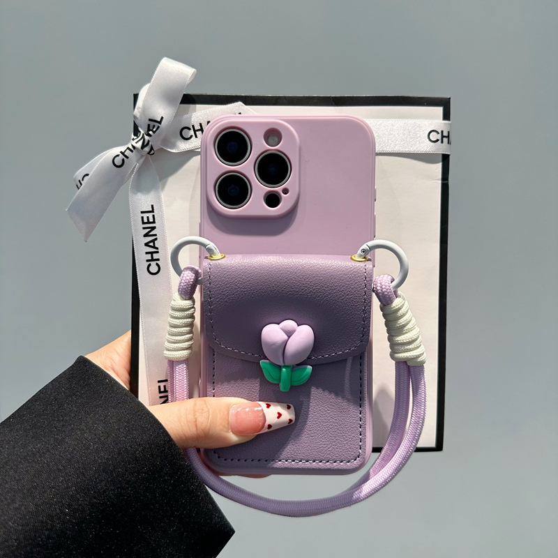 小清新郁金香卡包适用苹果15promax手机壳新款iPhone16ppro背带斜挎14挂绳13全包12p软硅胶xs/xr女16plus挂脖