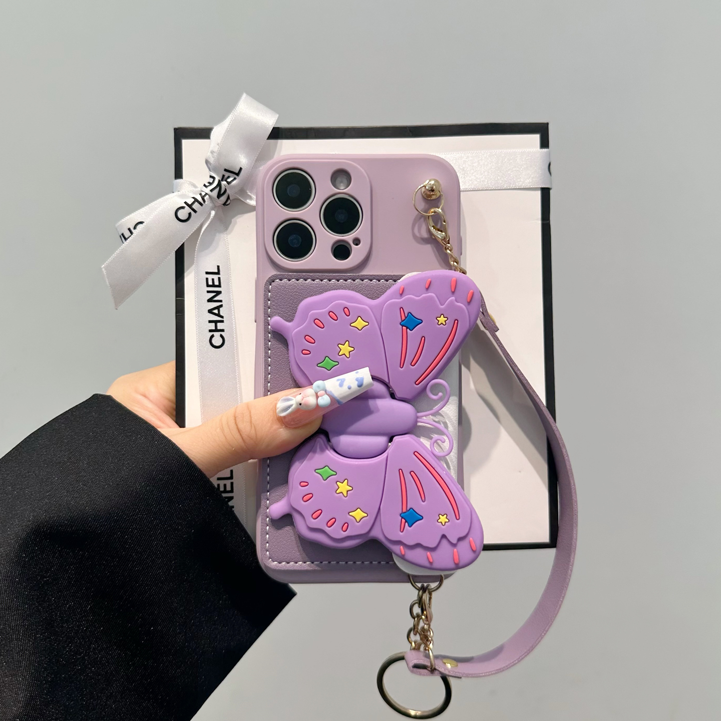 韩夏ins紫色蝴蝶卡包适用苹果15promax手机壳iphone16pro保护套13斜跨12pro可背带11支架13pro全包14promax软