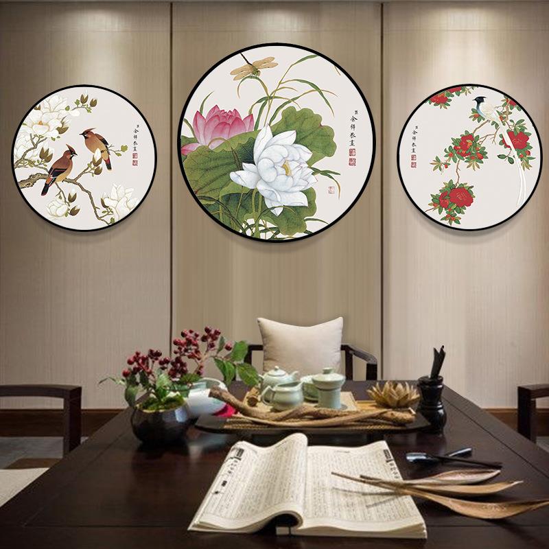 新中工花鸟画实木圆形装饰画餐厅式挂IVT画圆框壁画玄关笔画客厅