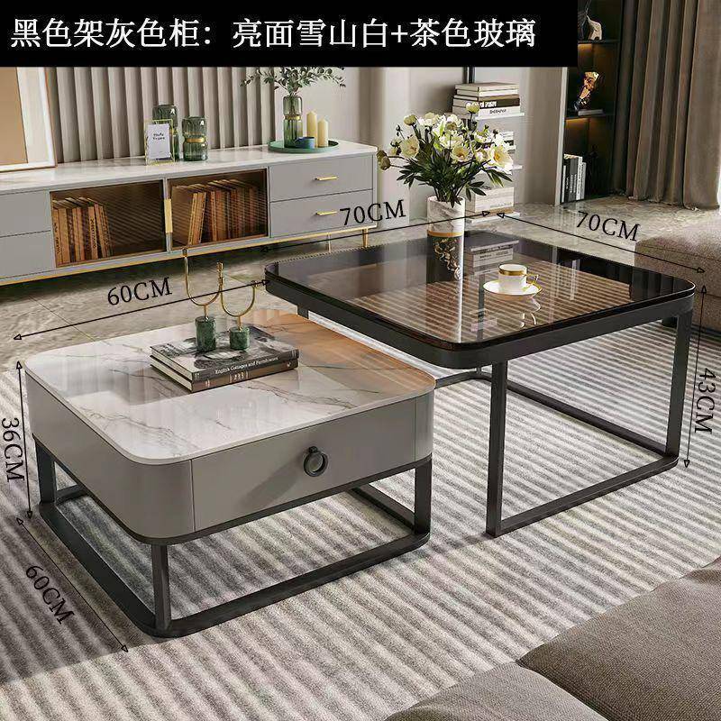 方化玻璃岩板形茶几客厅FLB家用小户型组现钢代简约风方桌大小合