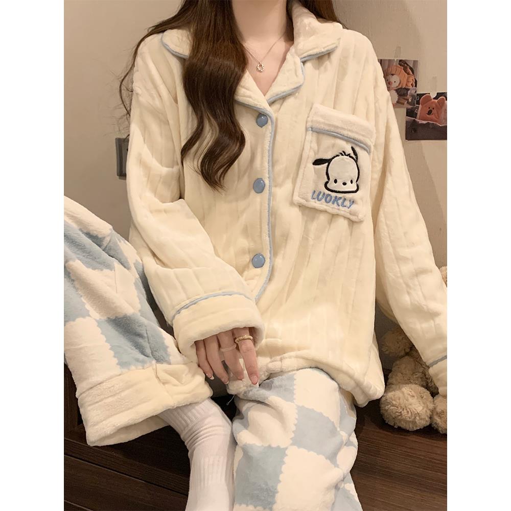 珊瑚绒睡衣女秋冬季加绒加厚2025年新款多巴胺长袖开衫家居服套装