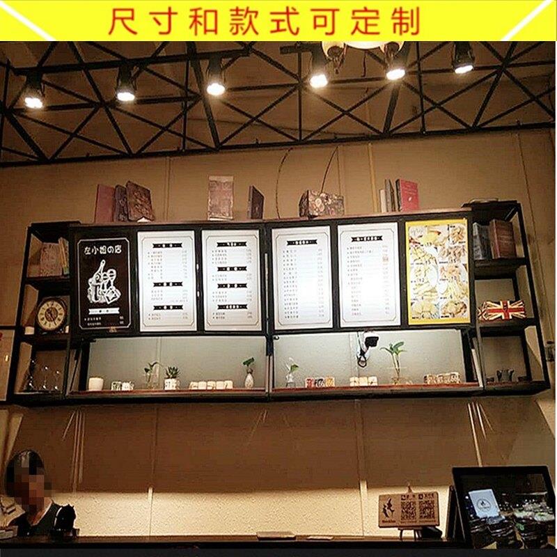 铁艺实木灯箱壁挂置物架饭厅奶茶店吧台收银柜台吊柜悬挂展示装饰