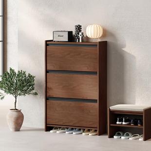 架 家用入户门口鞋 实木翻斗鞋 柜黑胡桃木简约玄关柜北欧翻门斜放式