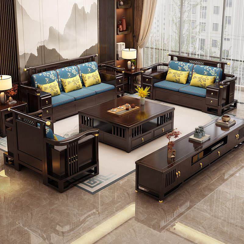 新中式全实木沙发组合现代中式客厅轻奢高端家具转角贵妃储物沙发