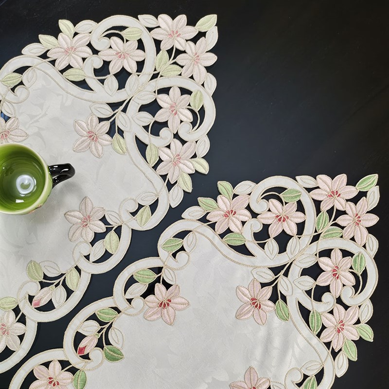 中式田园布艺绣花百合桌布茶几巾桌旗桌垫镂空盖巾国潮桌垫茶旗