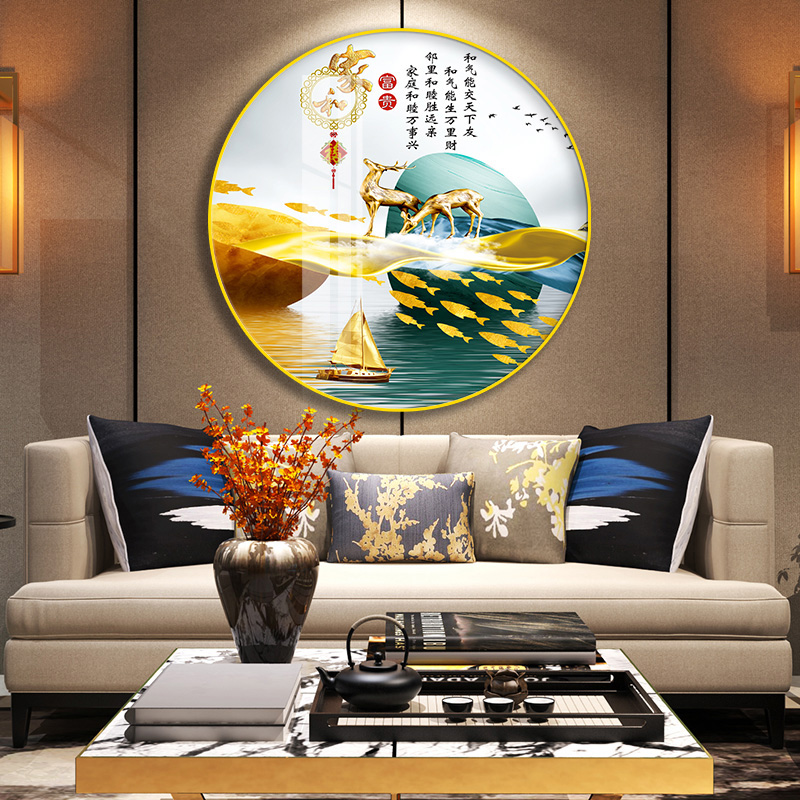 新中式客厅装饰画水墨山水沙发背景墙画圆形组合挂画餐厅卧室壁画图片