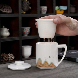 陶瓷马克杯简约羊脂玉白瓷茶杯家用大容量带盖办公杯水杯过滤杯子