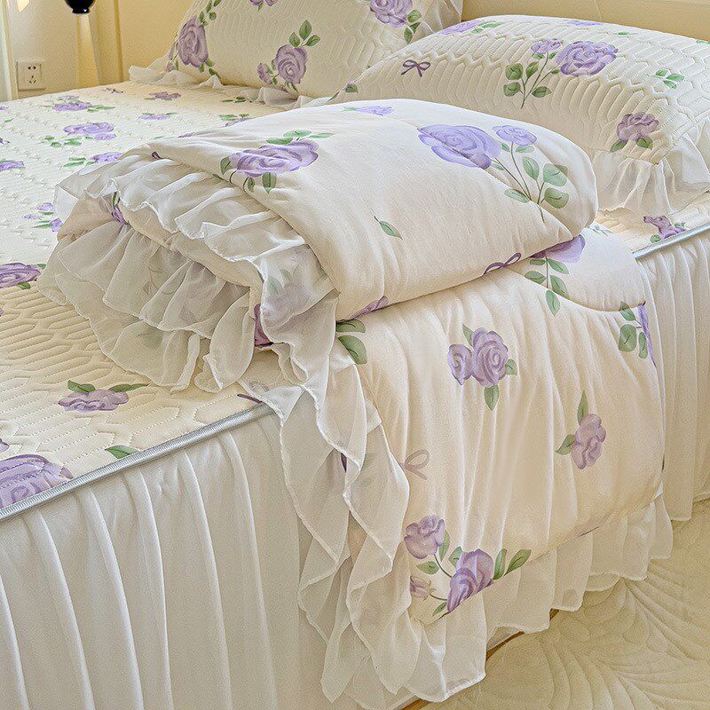 夏季乳胶冰丝凉席夏被四件套床裙款凉感丝花边空调被软席子三件套