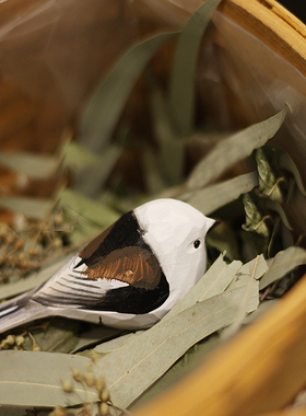 包邮 鹿妖商店 银喉 北长尾山雀 肥啾鸟 纯手工小鸟木雕 摆件