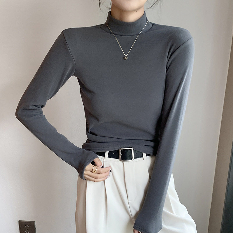 半高领双面磨毛打底衫女春秋款内搭纯色加绒加厚保暖长袖上衣