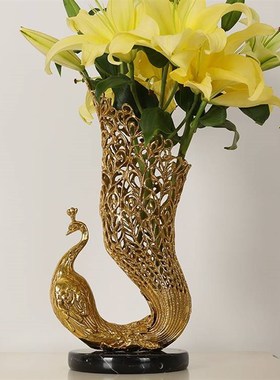 法式复古奢华全铜l孔雀装饰花瓶欧式轻奢别墅客厅餐厅大气中古摆