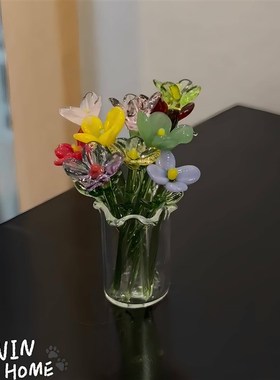 迷你小花束手工淄博琉璃花仿真花小花瓶摆件客厅S桌面家居装饰摆