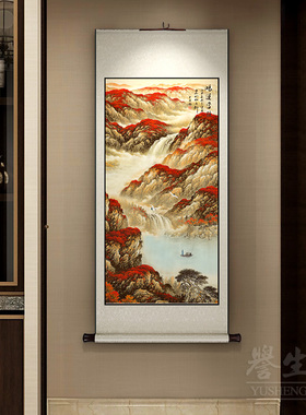 中式挂画卷轴玄关装饰画客厅山水国画走廊过道壁画餐厅书房墙画