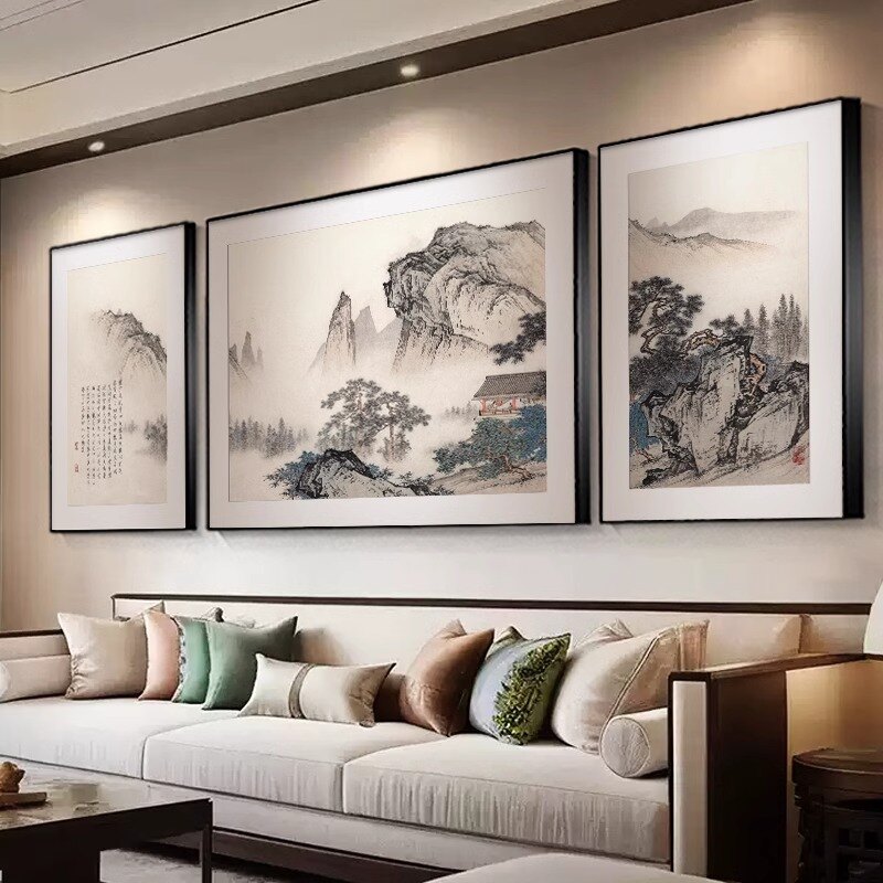 新中式客厅装饰画山水风景画沙发