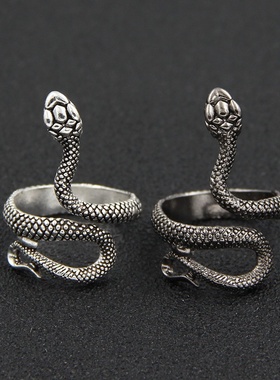 新款跨境复古镀银电镀灵蛇戒指男女通用开口合金蛇形指环朋克