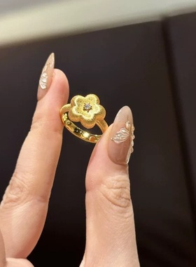 2025新款中古风S925纯银镶钻拉丝小金花戒指高级轻奢女士闭口设计