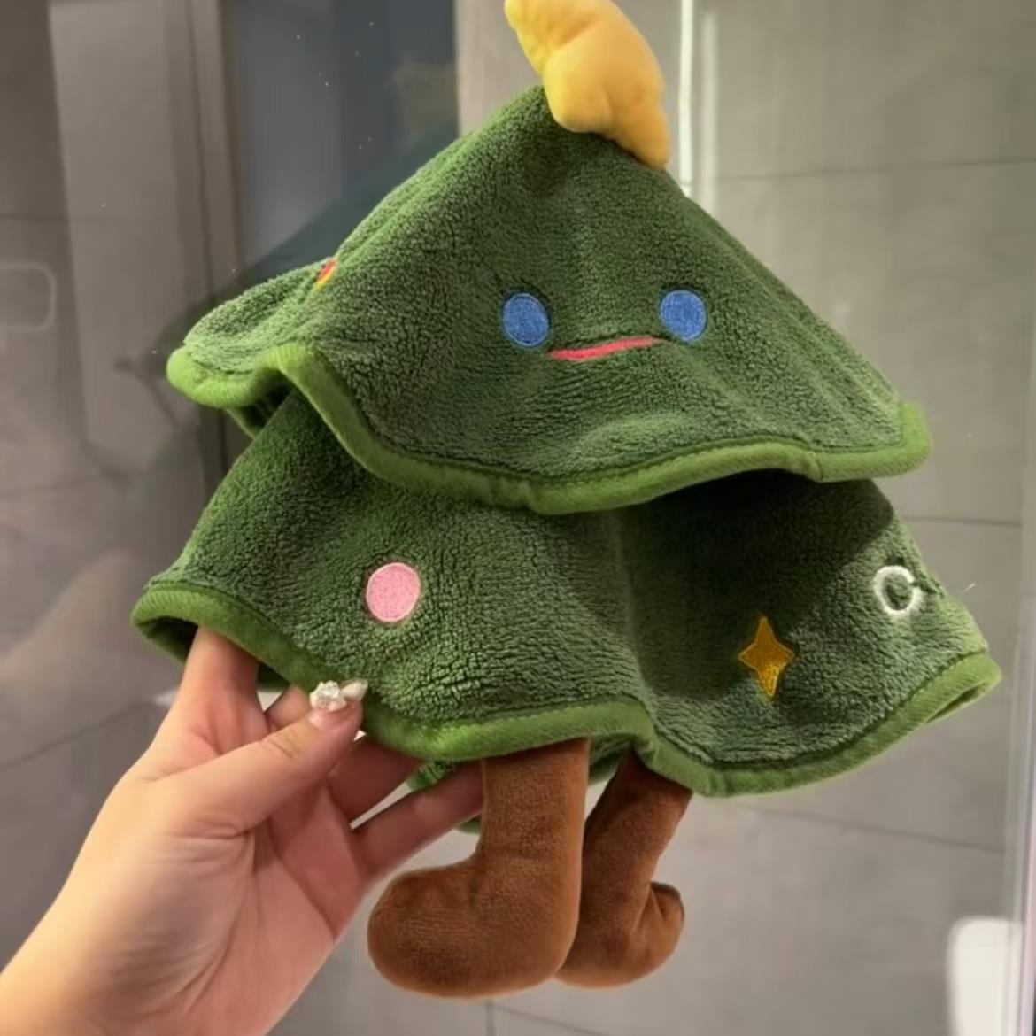 圣诞树擦手巾挂式可爱洗手间珊瑚绒吸水毛巾加厚儿童双层擦手布帕